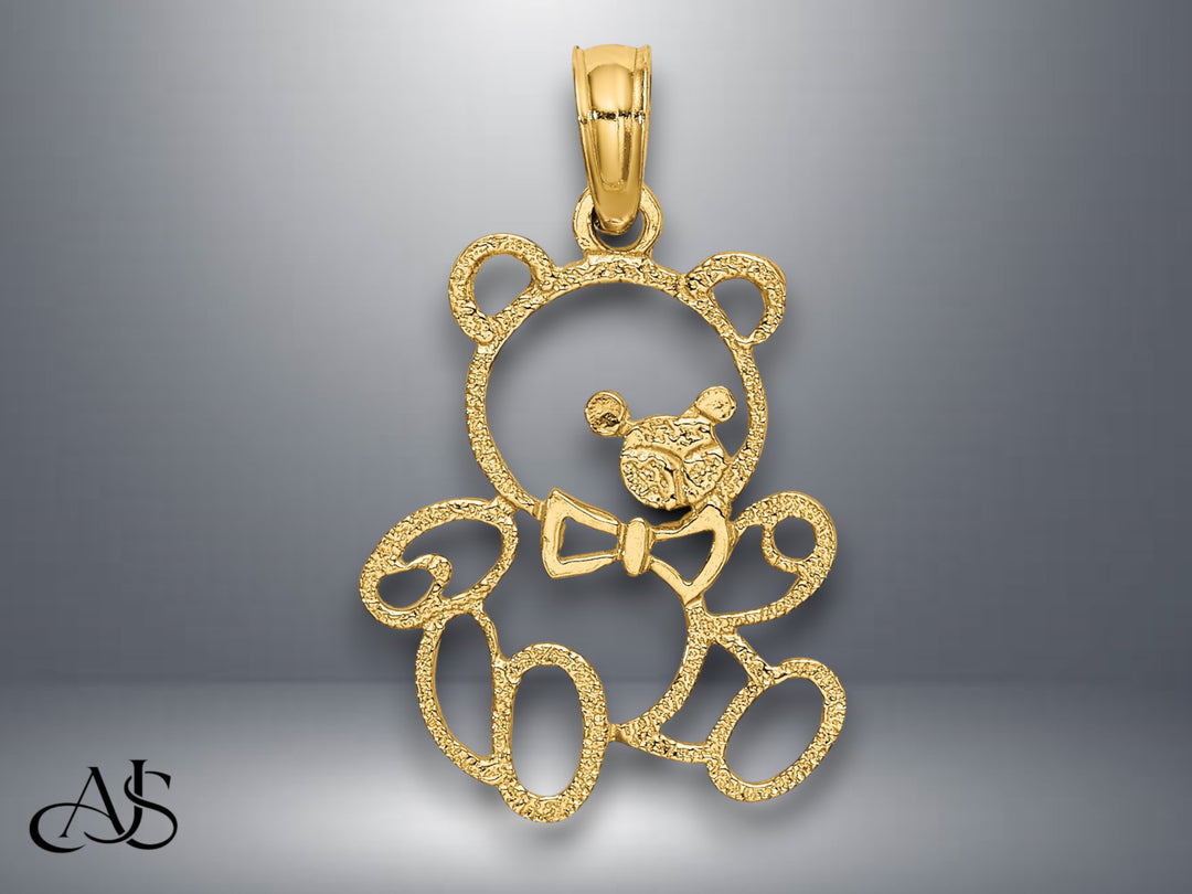 14K Yellow Gold Cut out Teddy Bear Charm with Necklace Chain Options