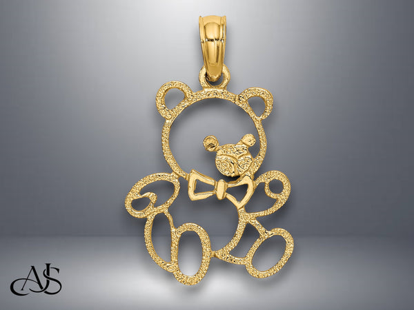14K Yellow Gold Cut out Teddy Bear Charm with Necklace Chain Options