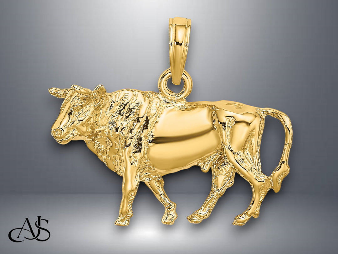14K Yellow Gold 3-D Bull w/Horns Charm with Necklace Chain Options