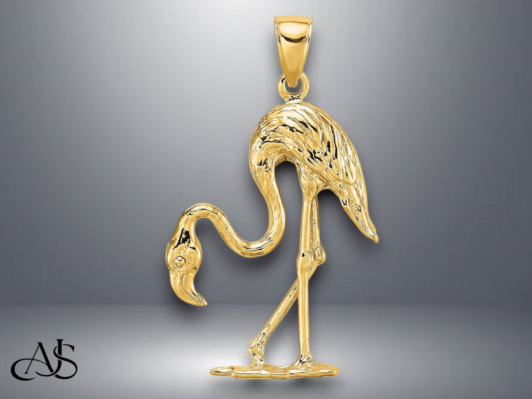 14K Yellow Gold 3-D Textured Flamingo Charm with Necklace Chain Options