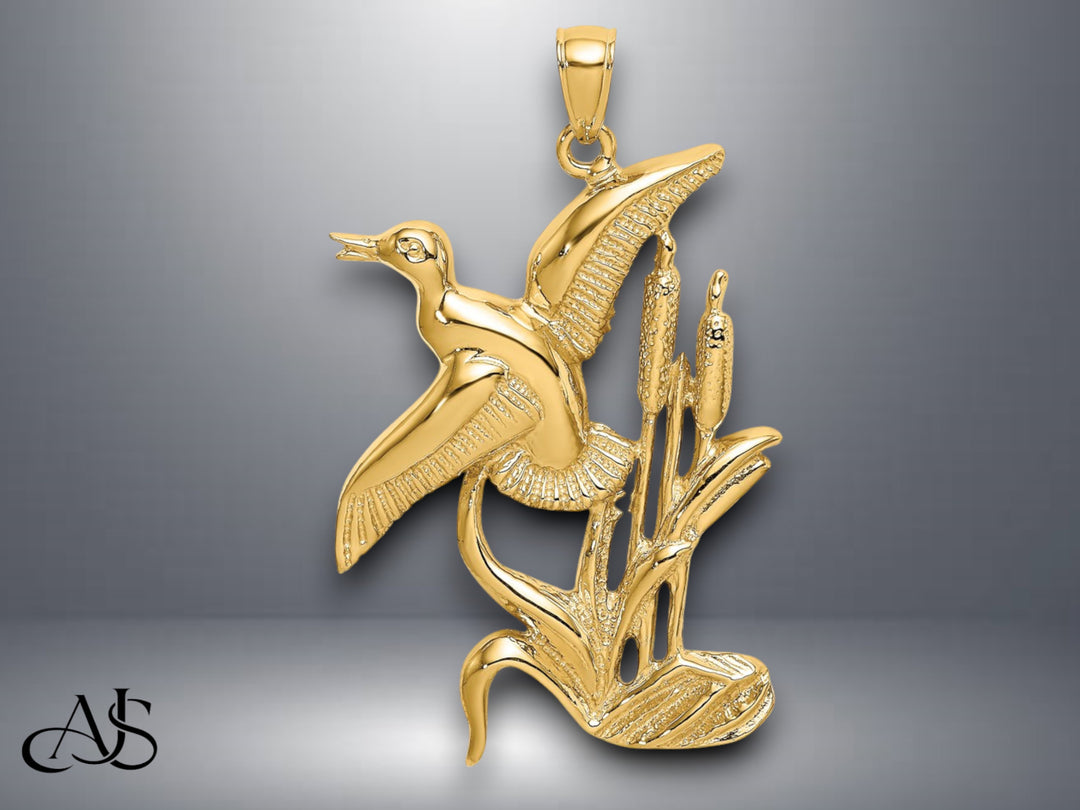 14K Yellow Gold Duck Flying From Willow Charm with Necklace Chain Options