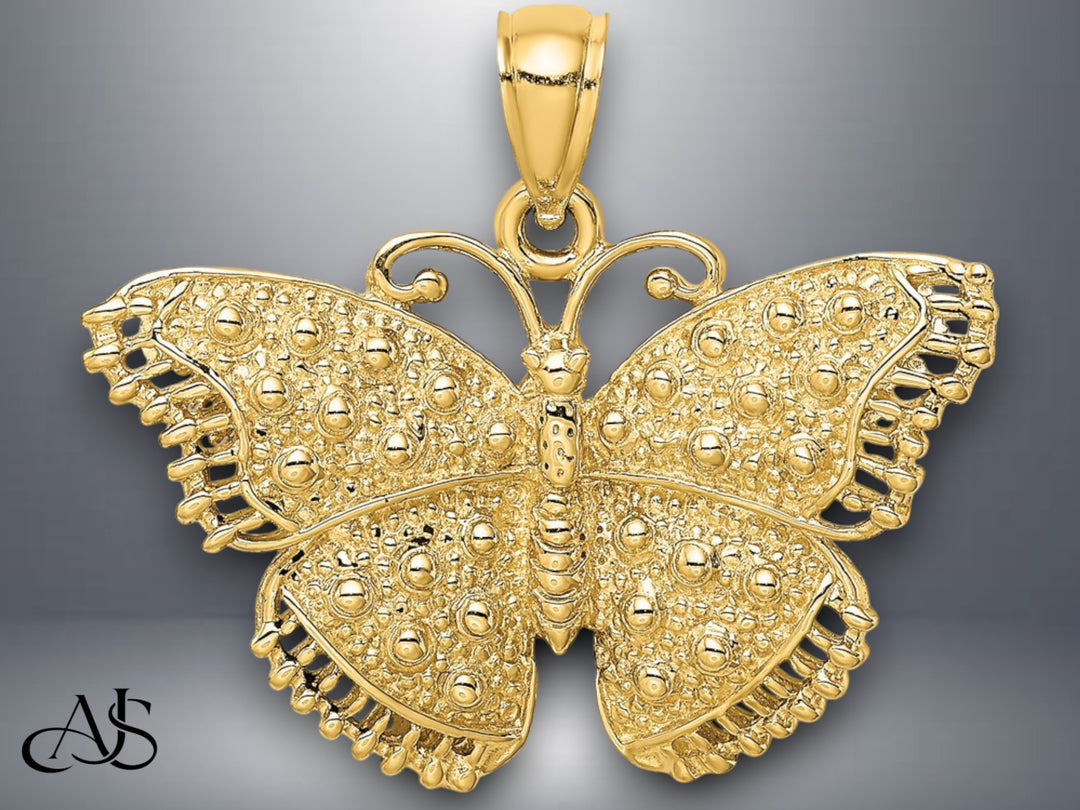 14K Yellow Gold Textured Butterfly Charm with Necklace Chain Options