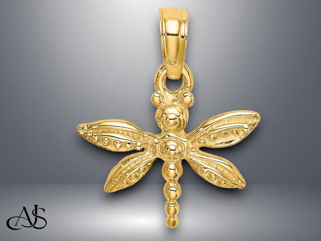 14K Yellow Gold 2-D Mini Dragonfly w/Solid Wings Charm with Necklace Chain Options