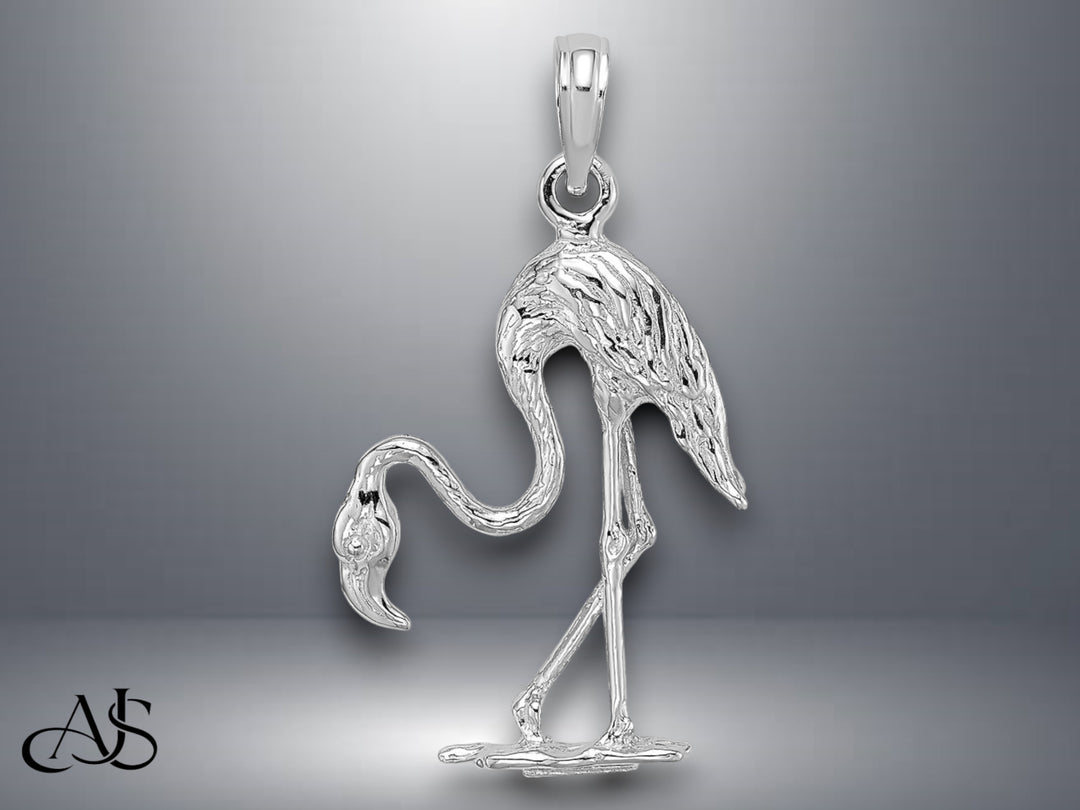 14K Yellow Gold or White Gold 3-D Textured Flamingo Charm with Necklace Chain Options