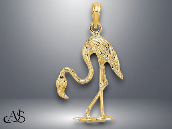 14K Yellow Gold or White Gold 3-D Textured Flamingo Charm with Necklace Chain Options