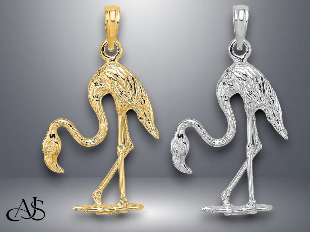 14K Yellow Gold or White Gold 3-D Textured Flamingo Charm with Necklace Chain Options