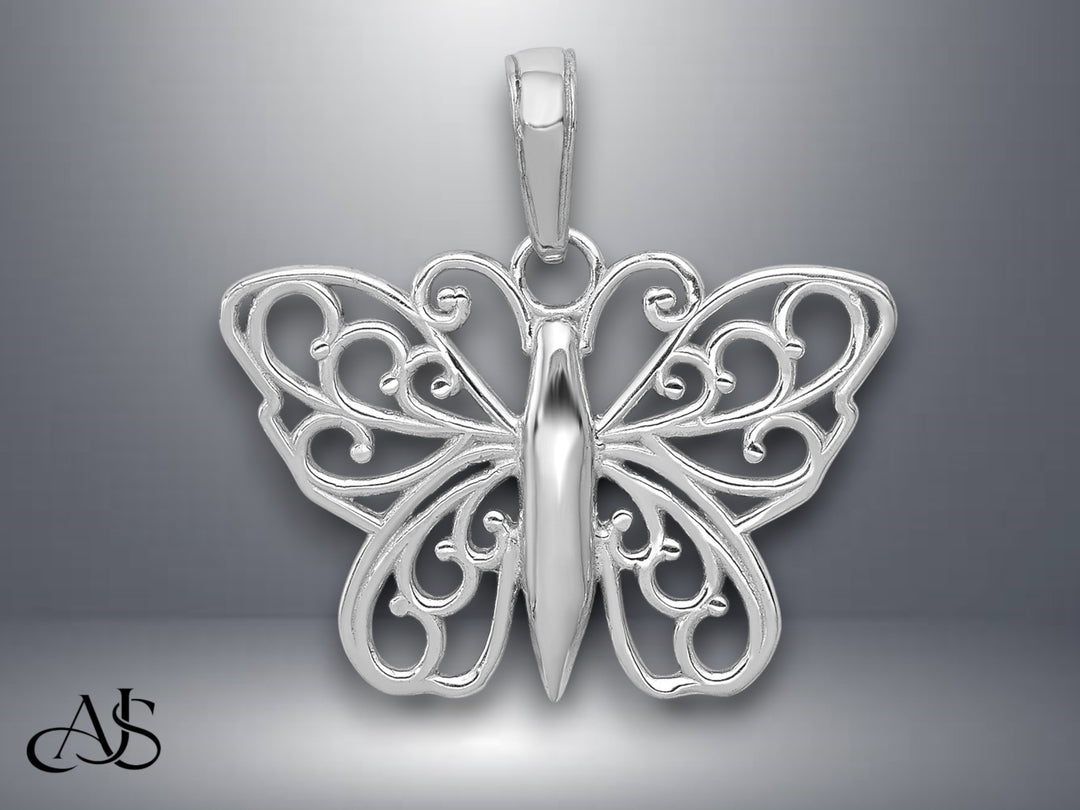 14K Yellow Gold or White Gold Filigree Butterfly Charm with Necklace Chain Options