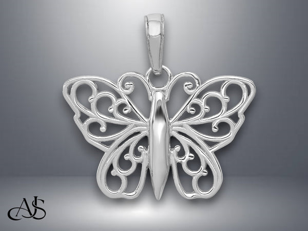 14K Yellow Gold or White Gold Filigree Butterfly Charm with Necklace Chain Options