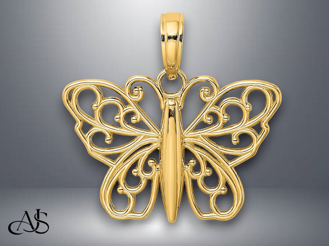 14K Yellow Gold or White Gold Filigree Butterfly Charm with Necklace Chain Options