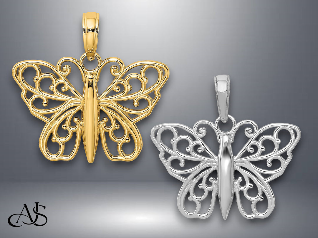 14K Yellow Gold or White Gold Filigree Butterfly Charm with Necklace Chain Options