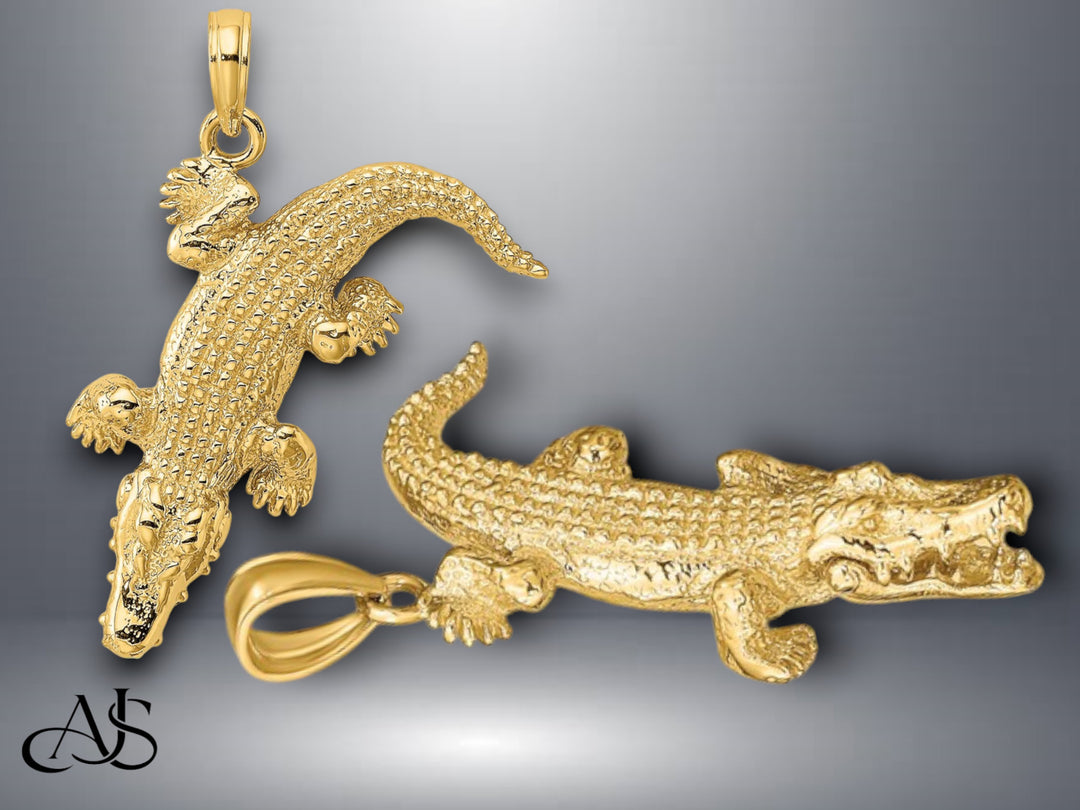 14K Yellow Gold 3-D Alligator w/Moveable Mouth Charm with Necklace Chain Options