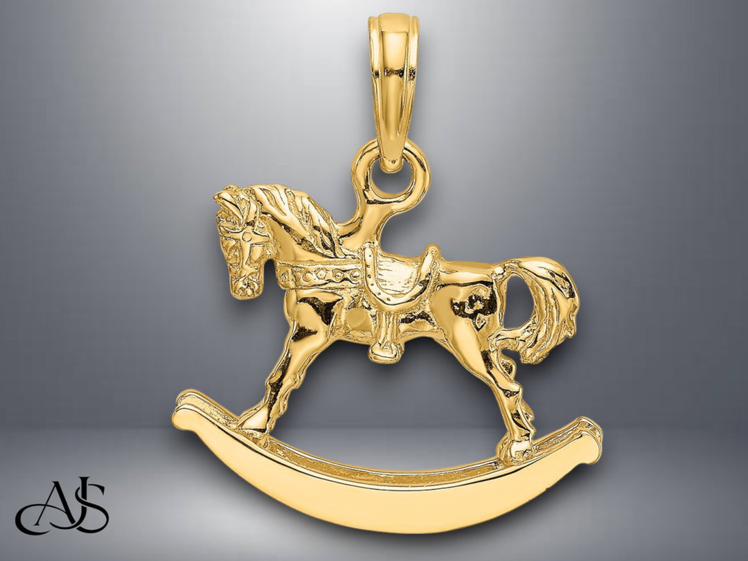 14K Yellow Gold Polished 3-D Rocking Horse Charm with Necklace Chain Options