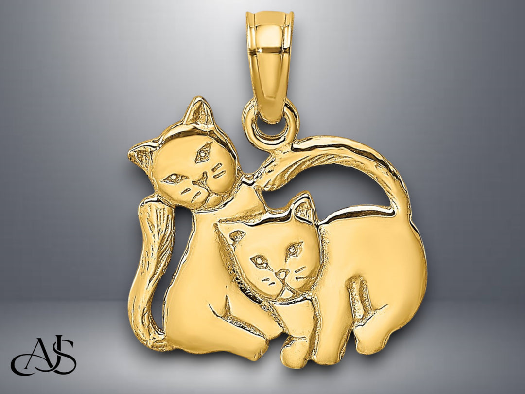 14K Yellow Gold 3-D Polished Two Kittens Charm with Necklace Chain Options