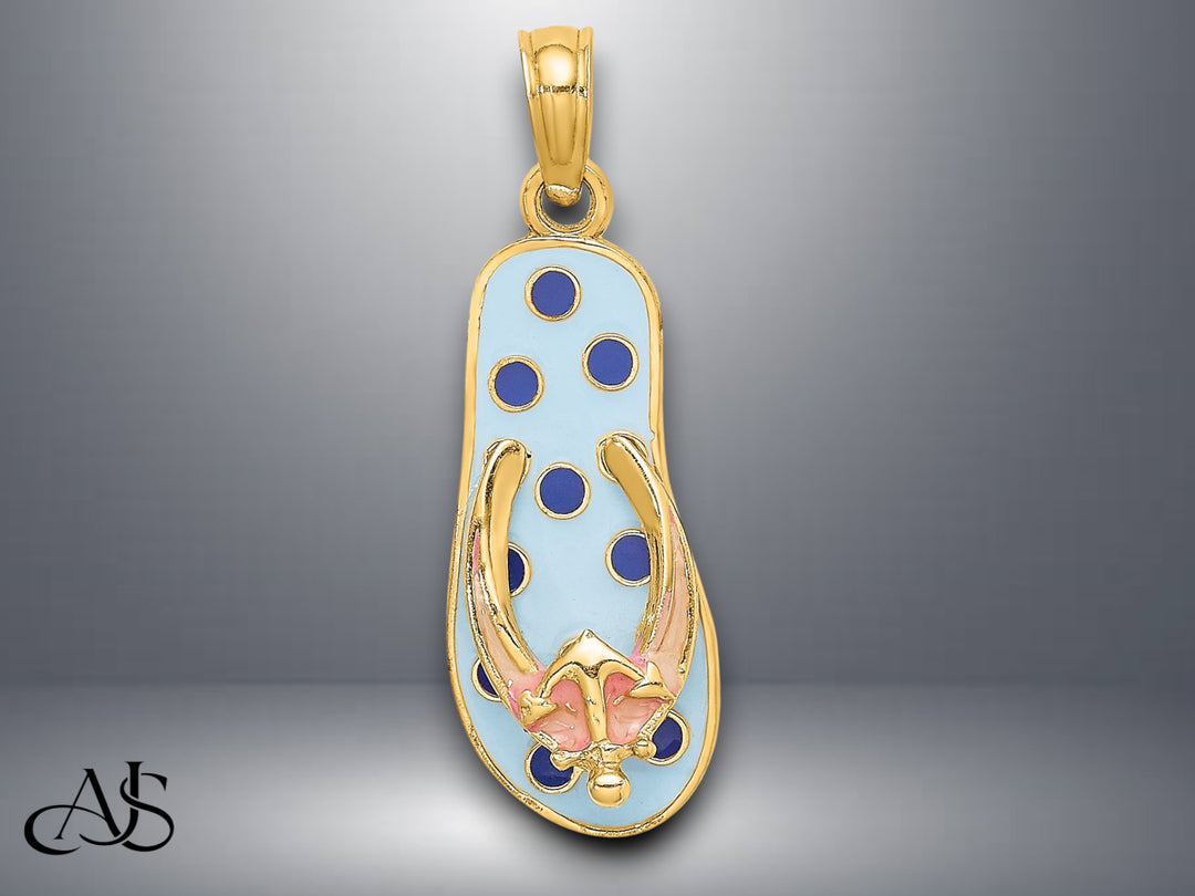 14K Yellow Gold 3D Enamel Flip-Flop Charm with Necklace Chain Options