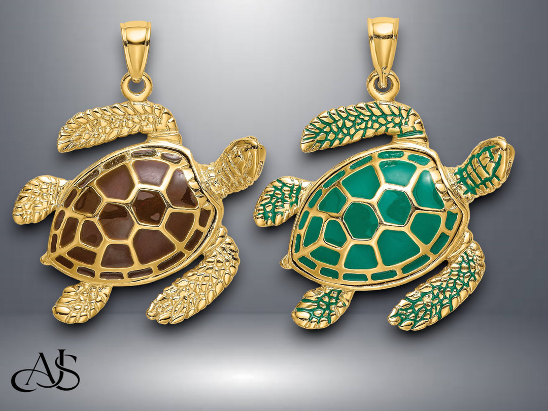 14K Yellow Gold 3-D Brown/Green Enamel Large Sea Turtle Charm with Necklace Chain Options