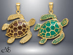 Load image into Gallery viewer, 14K Yellow Gold 3-D Brown/Green Enamel Large Sea Turtle Charm with Necklace Chain Options
