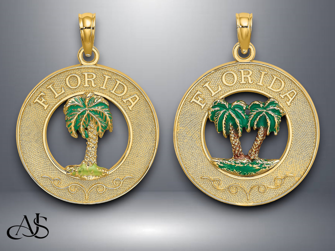 14K Yellow Gold Florida Enamel Palm Trees Circle Charm with Necklace Chain Options