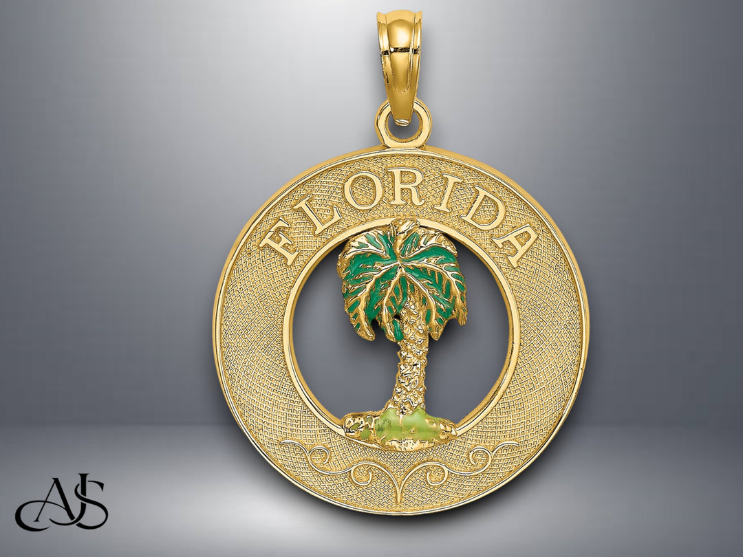 14K Yellow Gold Florida Enamel Palm Trees Circle Charm with Necklace Chain Options