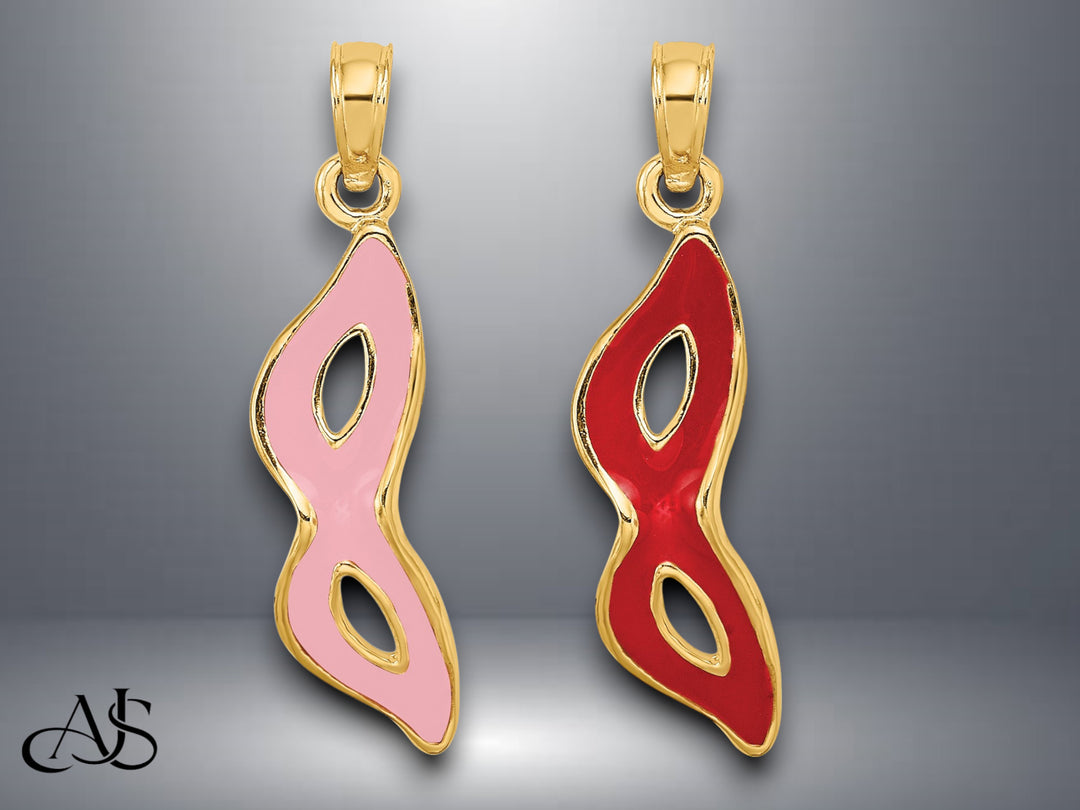 14K Yellow Gold 3-D and Beveled Pink or Red Enamel Masquerade Mask Pendant with Necklace Chain Options