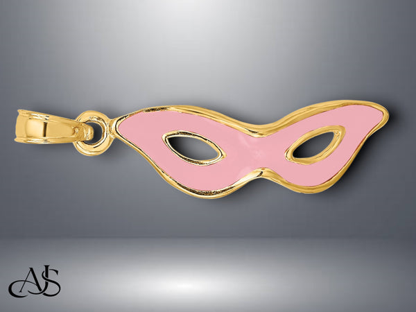 14K Yellow Gold 3-D and Beveled Pink or Red Enamel Masquerade Mask Pendant with Necklace Chain Options
