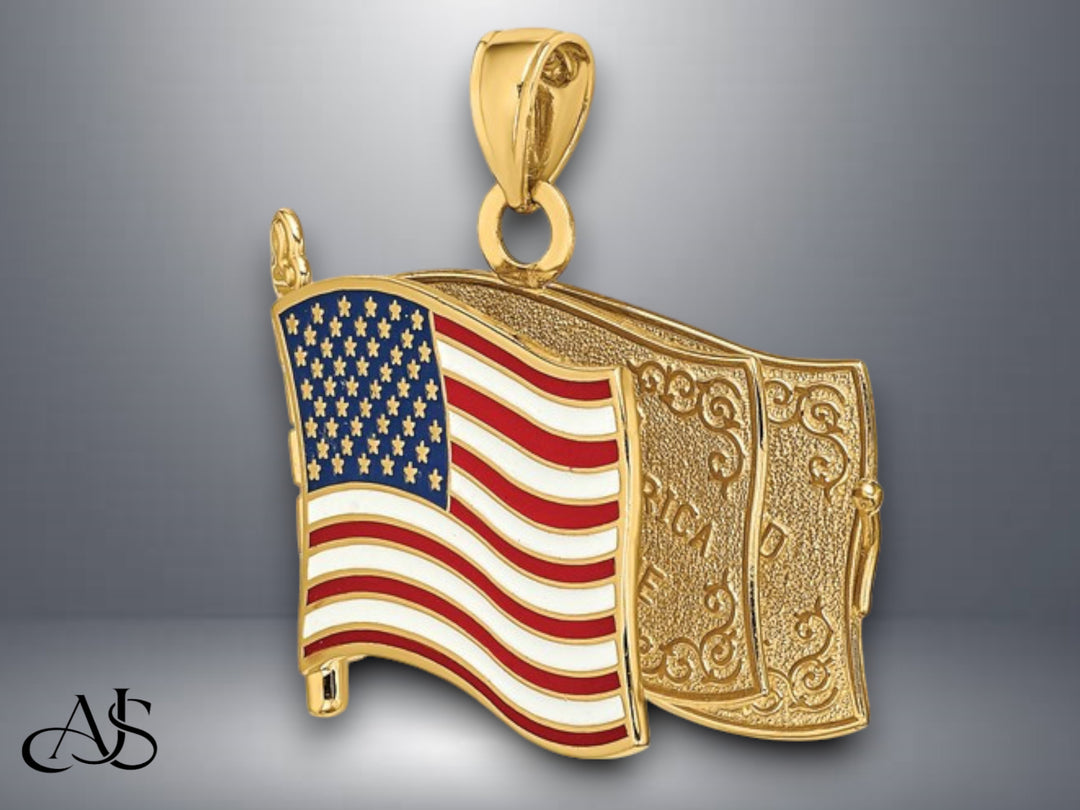 14K Yellow Gold w/ Enamel 3-D Pledge Of Allegiance Flag Book Charm with Necklace Chain Options
