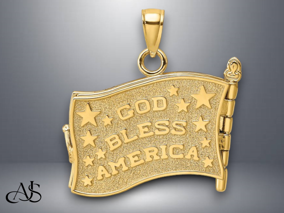 14K Yellow Gold w/ Enamel 3-D Pledge Of Allegiance Flag Book Charm with Necklace Chain Options