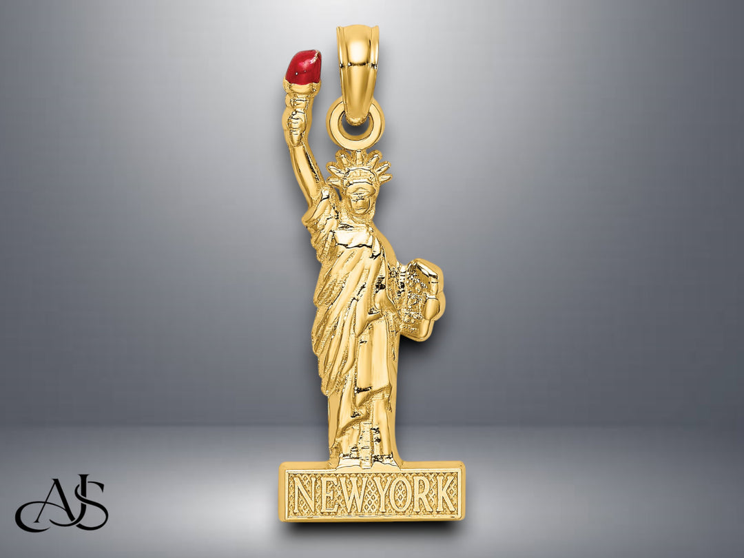 14K Yellow Gold wtih Enamel Flame Statue Of Liberty NEW YORK Charm with Necklace Chain Options