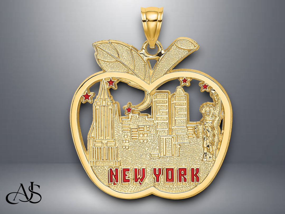 14K Yellow Gold Red Enamel NEW YORK Apple w/NY Skyline Charm with Necklace Chain Options