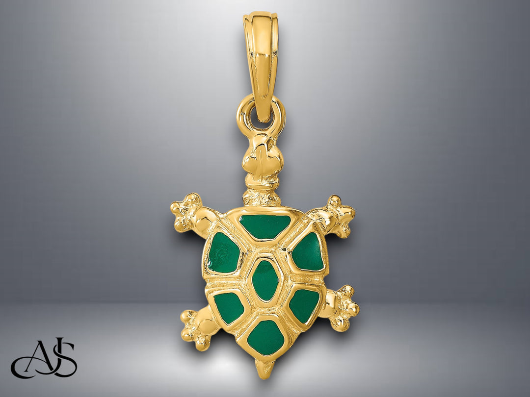 14K Yellow Gold wtih Green Enamel Land Turtle Charm with Necklace Chain Options