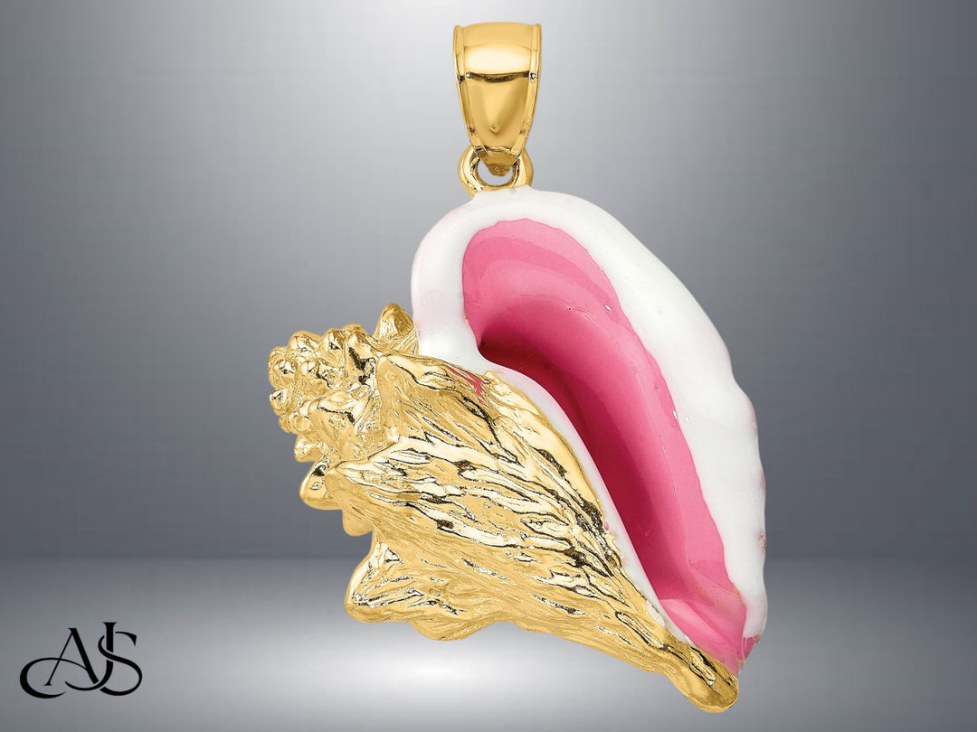 14K Yellow Gold 3-D Enamel Conch Shell Charm with Necklace Chain Options
