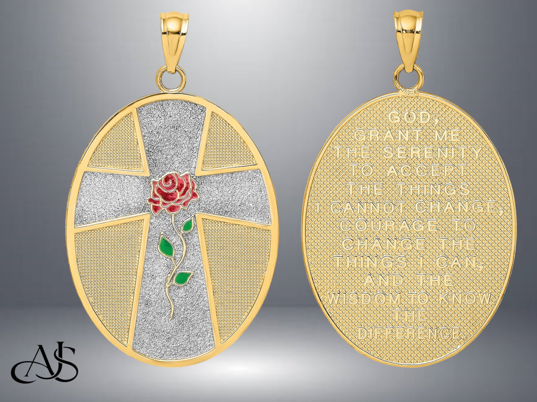 14K Yellow Gold w/ Rhodium Enamel Rose Serenity Prayer Oval Disc Charm with Necklace Chain Options