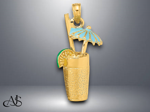 14K Yellow Gold 3-D Cocktail Drink with Blue or Fuschia or Orange or Pink Enamel Umbrella and Lime Charm with Necklace Chain Options