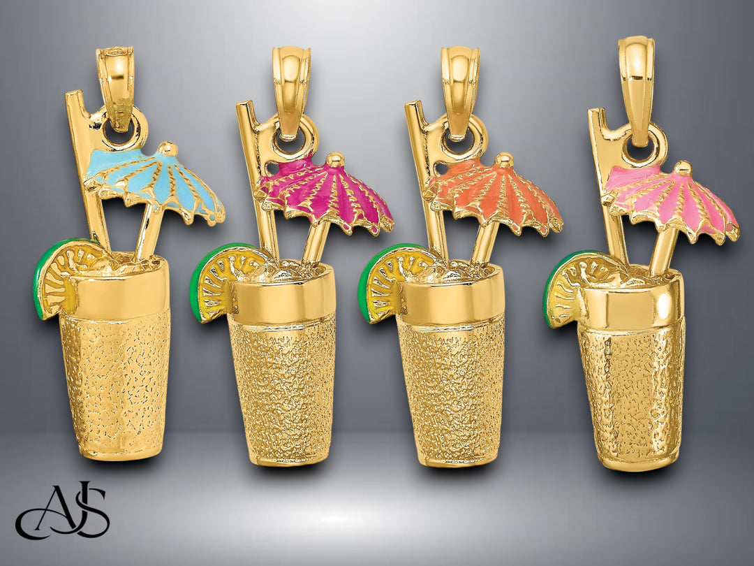 14K Yellow Gold 3-D Cocktail Drink with Blue or Fuschia or Orange or Pink Enamel Umbrella and Lime Charm with Necklace Chain Options