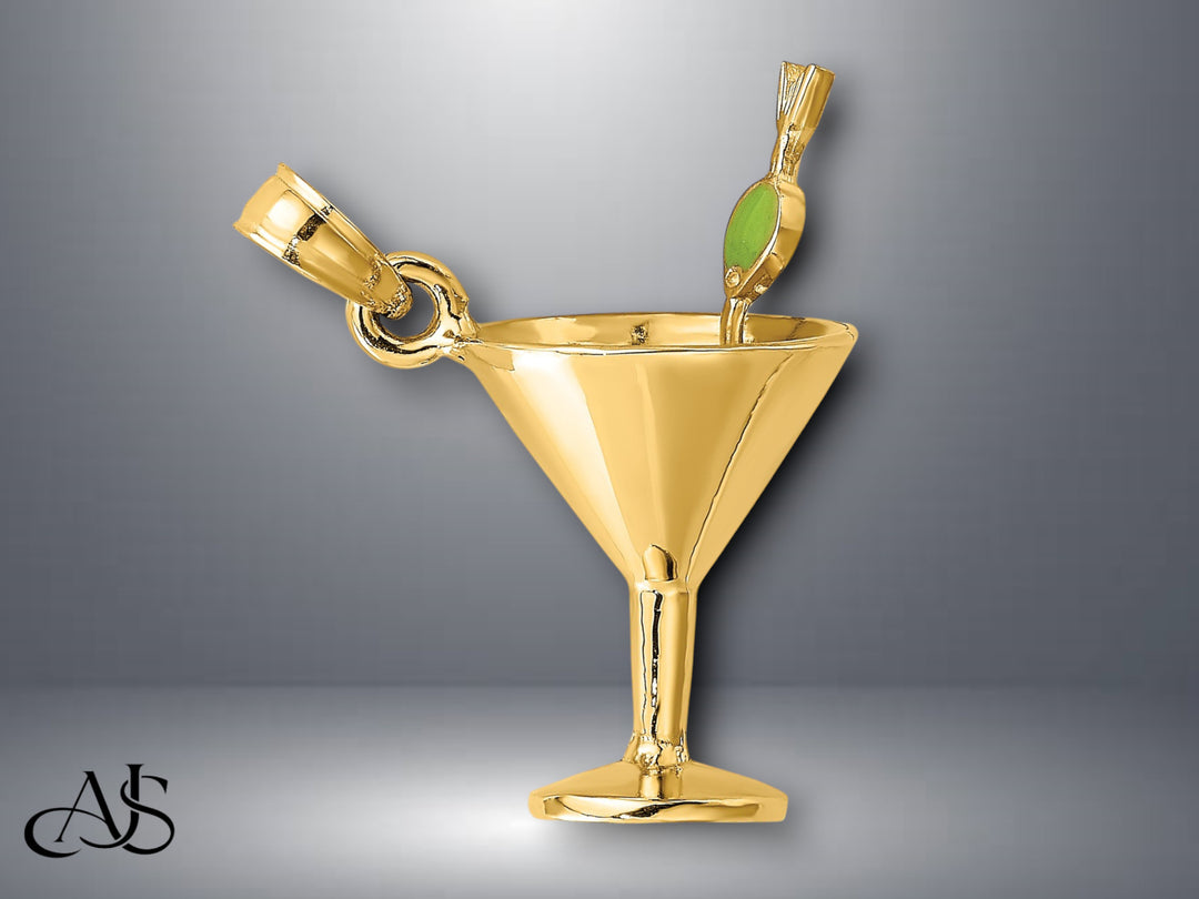 14K Yellow Gold 3-D Martini with Olive/Cherry Charm with Necklace Chain Options