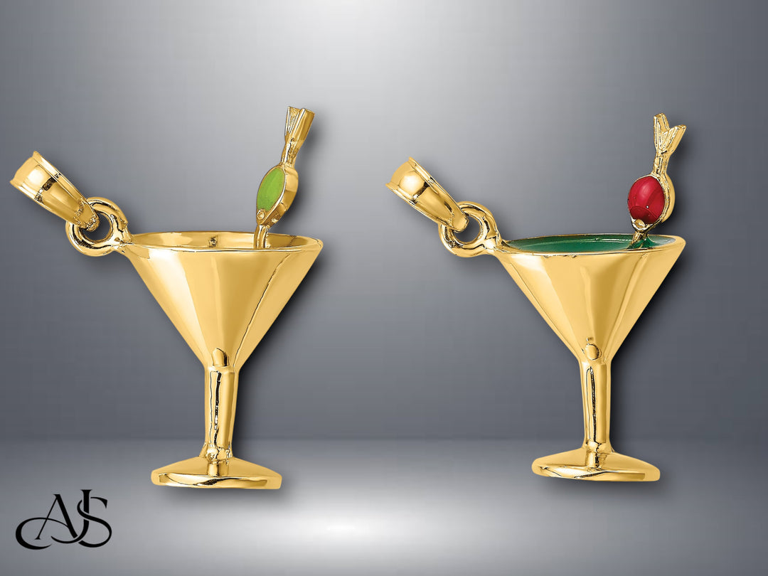 14K Yellow Gold 3-D Martini with Olive/Cherry Charm with Necklace Chain Options