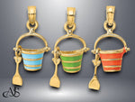 Load image into Gallery viewer, 14K Yellow Gold 2-D Aqua or Green Or Orange Enameled Beach Bucket w/Moveable Shovel Charm with Necklace Chain Options
