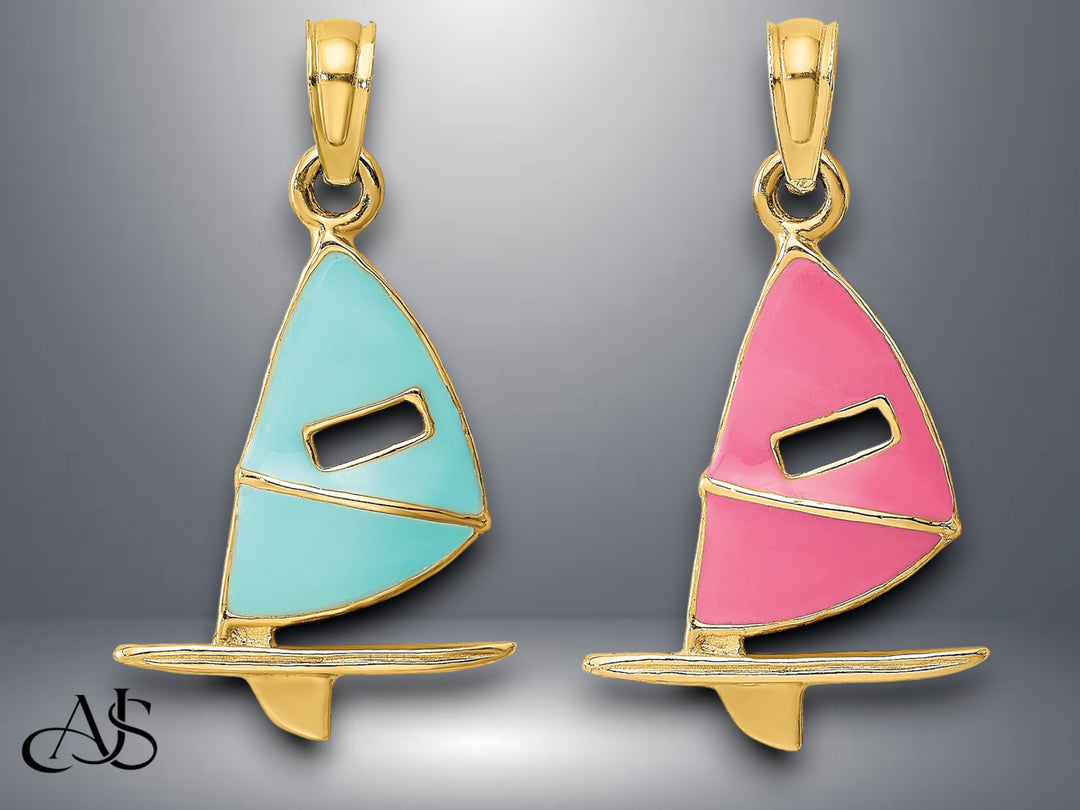 14K Yellow Gold Aqua Or Pink Enameled Windsail Surf Board Charm with Necklace Chain Options