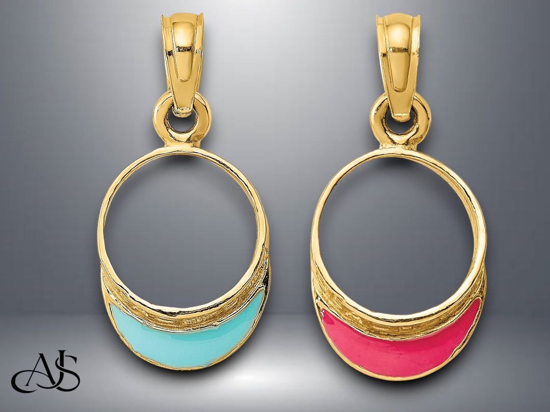 14K Yellow Gold Aqua or Fuschia Enameled Beach Sun Visor Charm with Necklace Chain Options