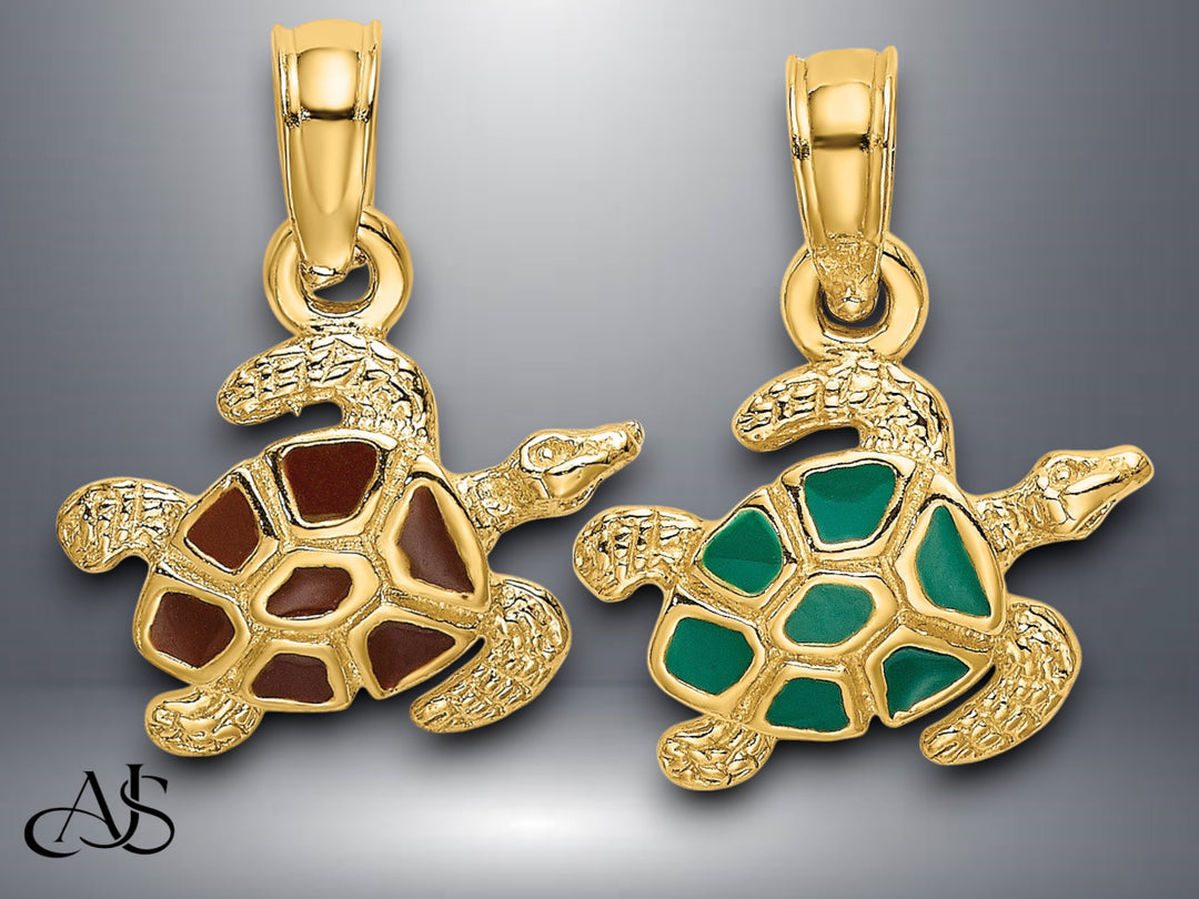 14K Yellow Gold Textured and Enameled Sea Turtle Charm with Necklace Chain Options