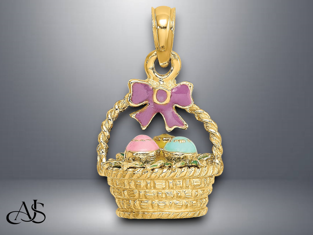 14K Yellow Gold 3-D Enameled Easter Basket w/Bow and Eggs Charm with Necklace Chain Options