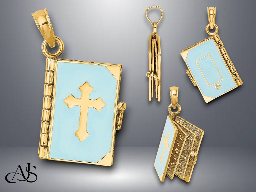 14K Yellow Gold 3-D Blue Enamel Bible Book w/ Moveable Pages Charm with Necklace Chain Options