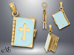 Load image into Gallery viewer, 14K Yellow Gold 3-D Blue Enamel Bible Book w/ Moveable Pages Charm with Necklace Chain Options
