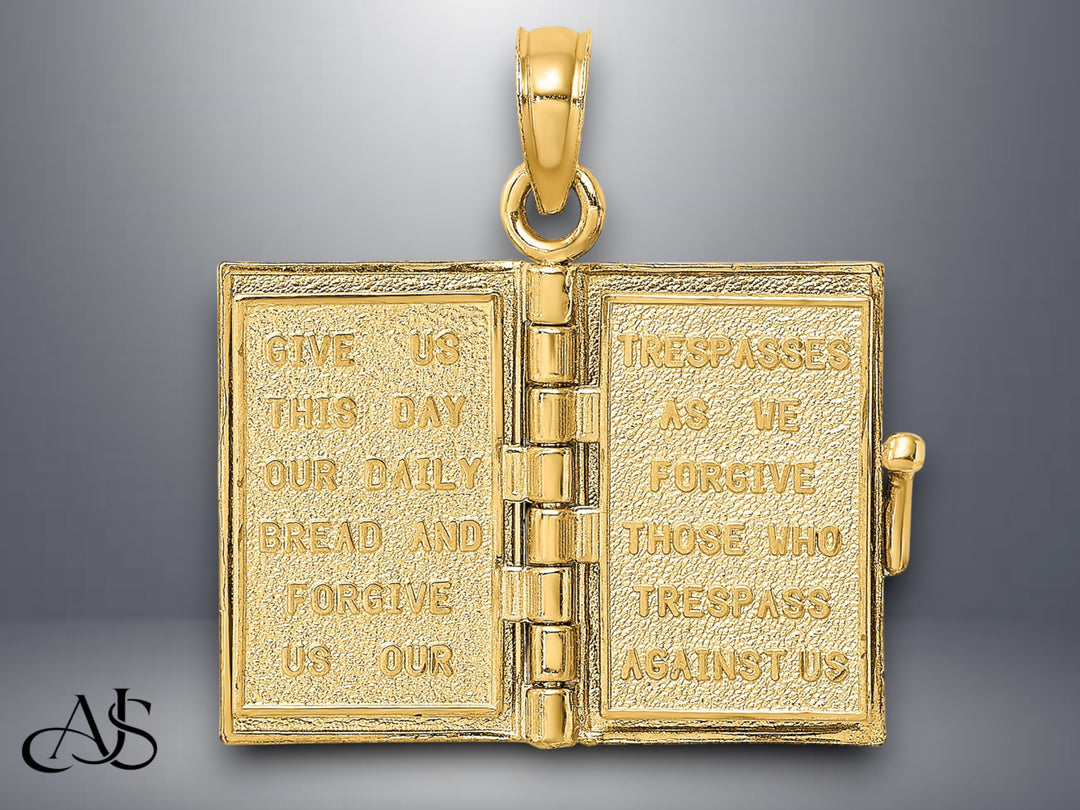 14K Yellow Gold 3-D Blue Enamel Bible Book w/ Moveable Pages Charm with Necklace Chain Options