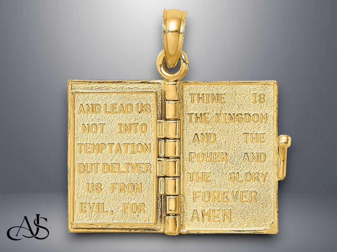 14K Yellow Gold 3-D Blue Enamel Bible Book w/ Moveable Pages Charm with Necklace Chain Options