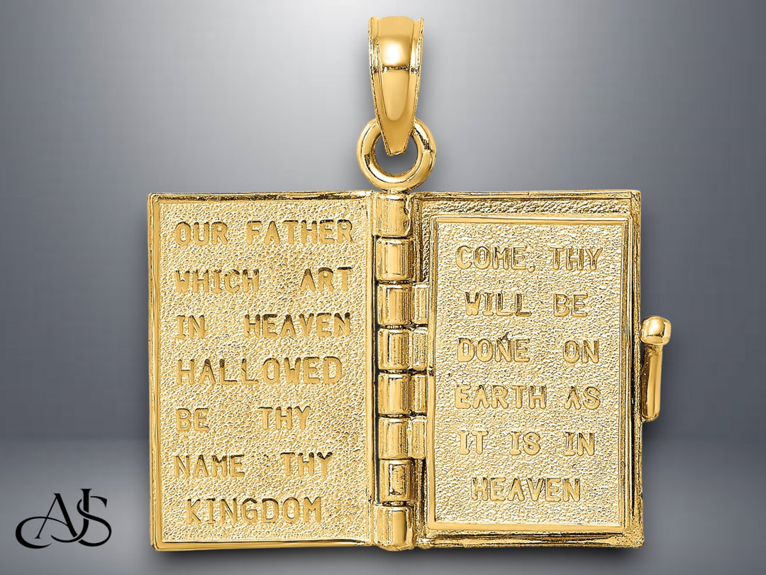 14K Yellow Gold 3-D Blue Enamel Bible Book w/ Moveable Pages Charm with Necklace Chain Options