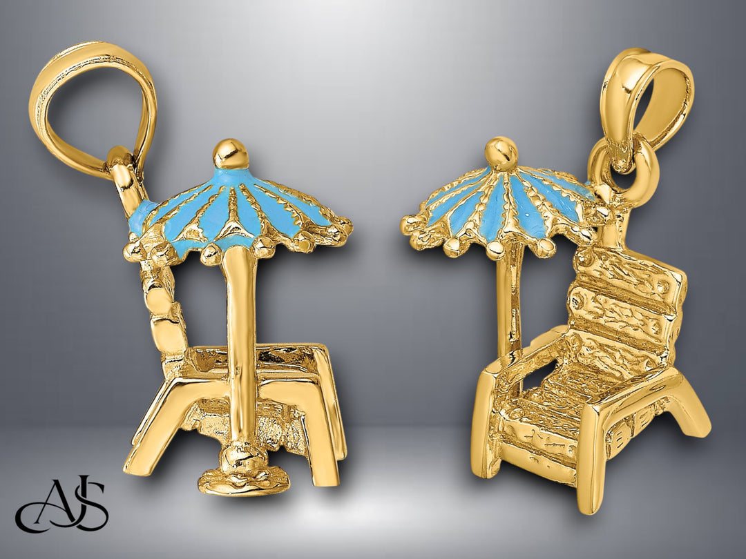 14K Yellow Gold 3-D Beach Chair w/Aqua Enameled Umbrella Charm with Necklace Chain Options