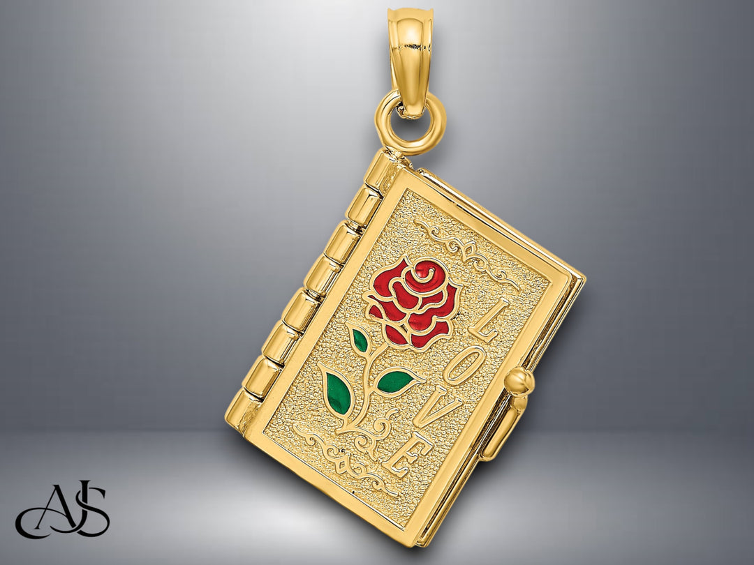 14K Yellow Gold Enameled 3D Moveable LOVE Flower Book Pendant with Necklace Chain Options