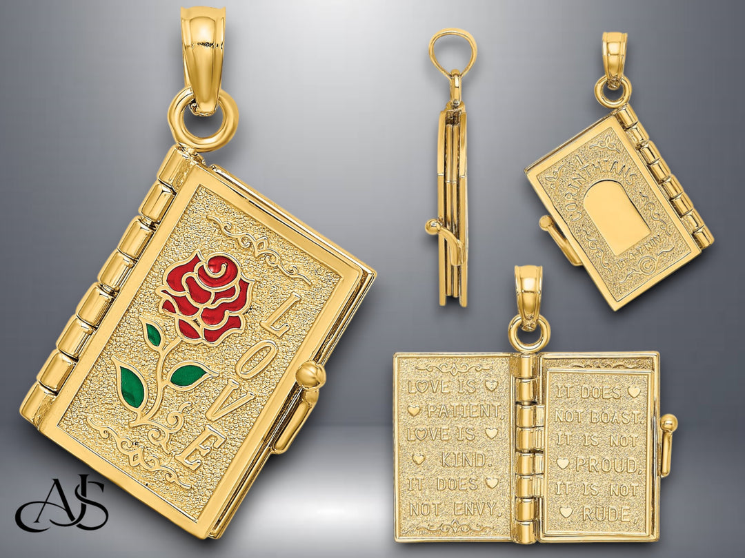 14K Yellow Gold Enameled 3D Moveable LOVE Flower Book Pendant with Necklace Chain Options