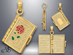 Load image into Gallery viewer, 14K Yellow Gold Enameled 3D Moveable LOVE Flower Book Pendant with Necklace Chain Options
