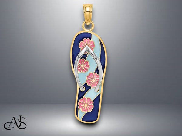 14K Yellow Gold and Rhodium Multi-Colored 3D Enamel On Flip-Flop Charm with Necklace Chain Options